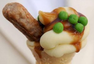 Helado de Salchichas, pure de patatas y guisantes
